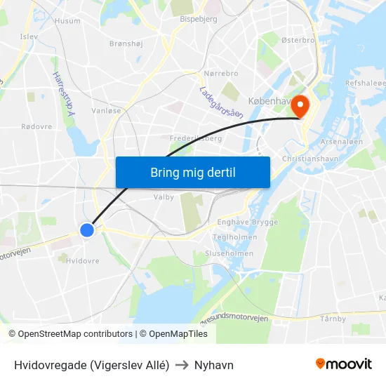 Hvidovregade (Vigerslev Allé) to Nyhavn map