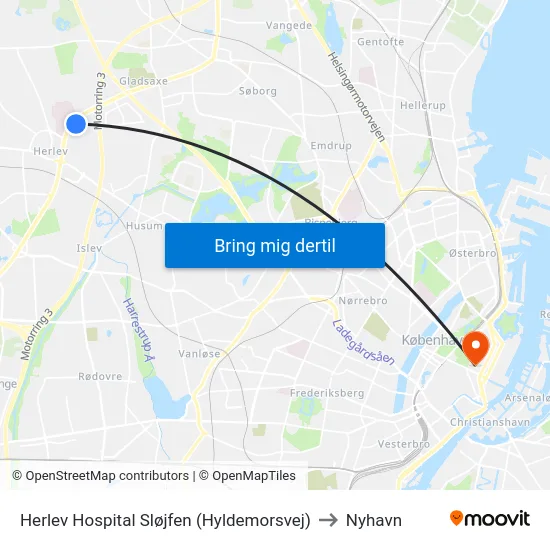 Herlev Hospital Sløjfen (Hyldemorsvej) to Nyhavn map
