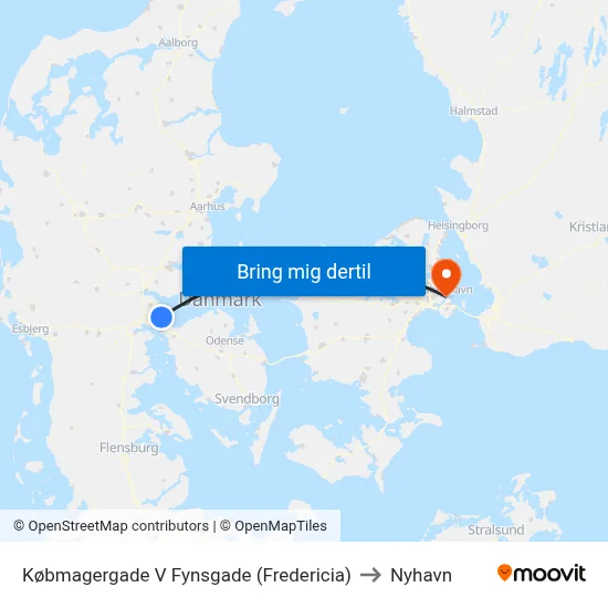 Købmagergade V Fynsgade (Fredericia) to Nyhavn map