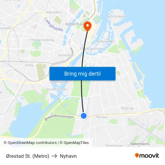 Ørestad St. (Metro) to Nyhavn map