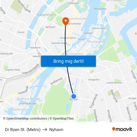 Dr Byen St. (Metro) to Nyhavn map