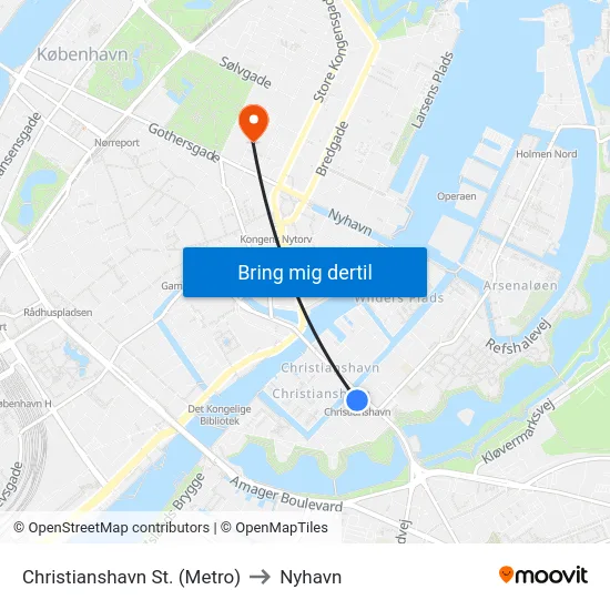 Christianshavn St. (Metro) to Nyhavn map