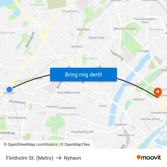 Flintholm St. (Metro) to Nyhavn map
