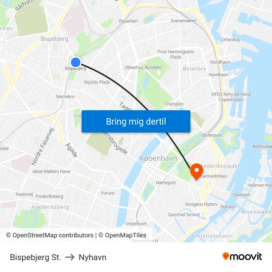 Bispebjerg St. to Nyhavn map