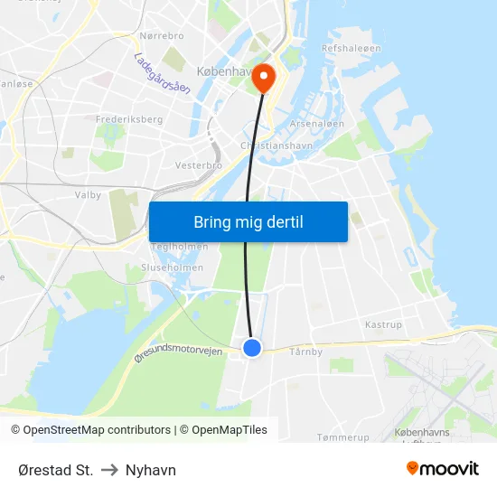 Ørestad St. to Nyhavn map