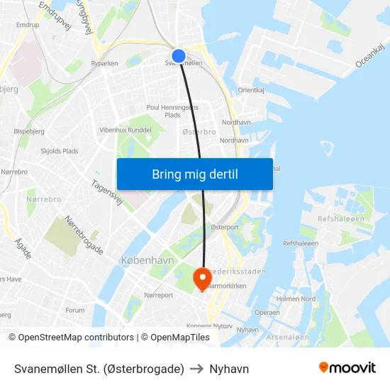 Svanemøllen St. (Østerbrogade) to Nyhavn map