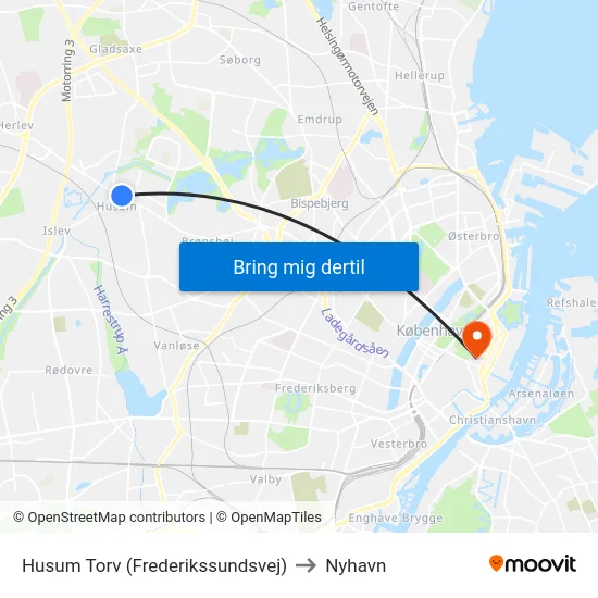 Husum Torv (Frederikssundsvej) to Nyhavn map