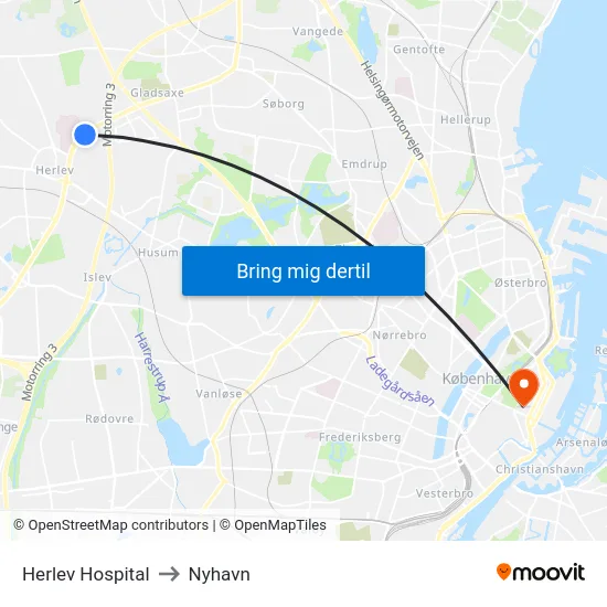 Herlev Hospital to Nyhavn map
