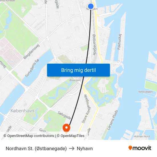 Nordhavn St. (Østbanegade) to Nyhavn map