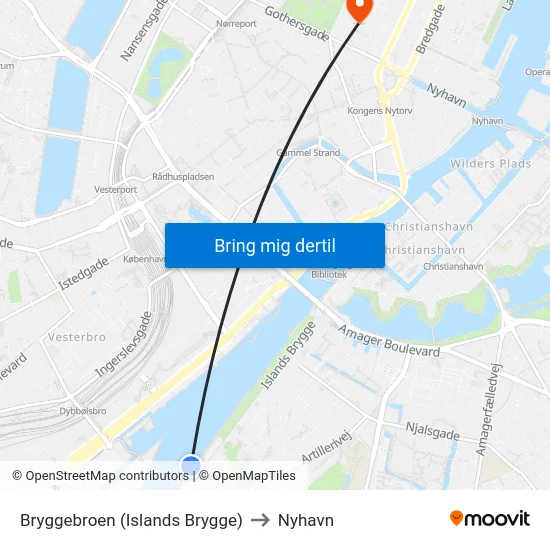 Bryggebroen (Islands Brygge) to Nyhavn map