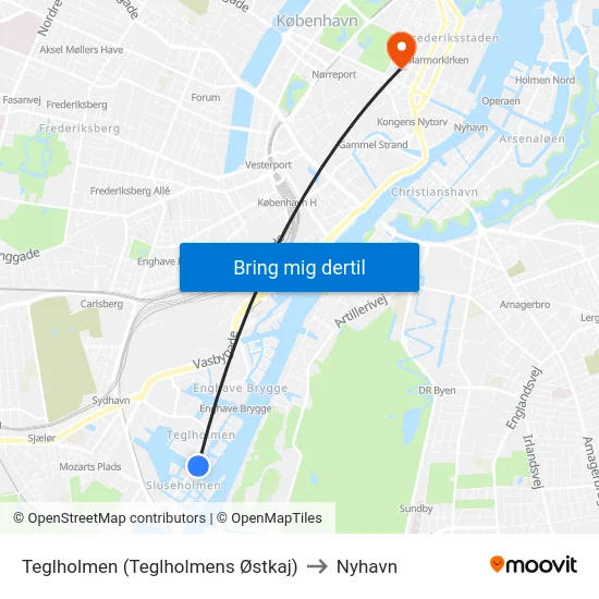 Teglholmen (Teglholmens Østkaj) to Nyhavn map