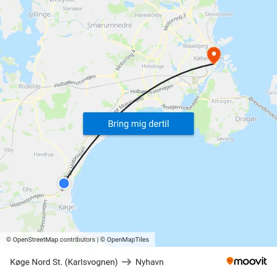 Køge Nord St. (Karlsvognen) to Nyhavn map
