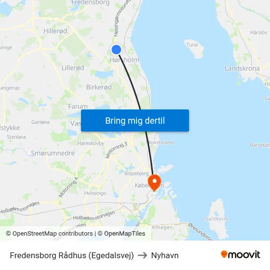 Fredensborg Rådhus (Egedalsvej) to Nyhavn map