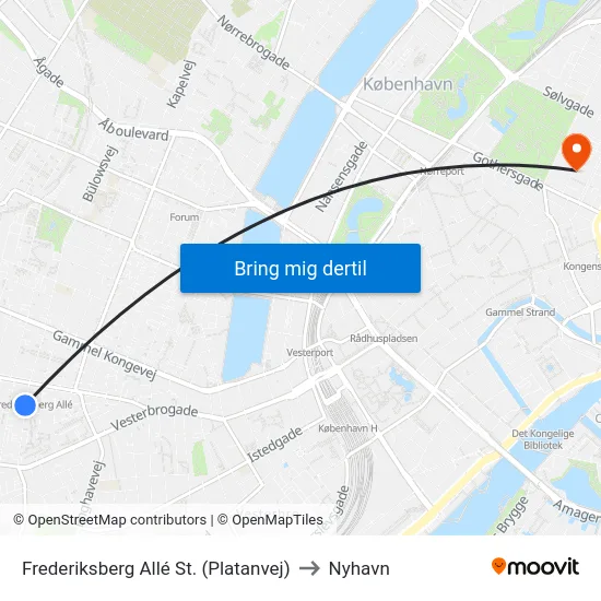 Frederiksberg Allé St. (Platanvej) to Nyhavn map