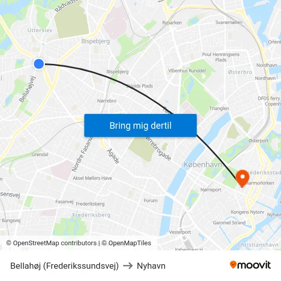 Bellahøj (Frederikssundsvej) to Nyhavn map