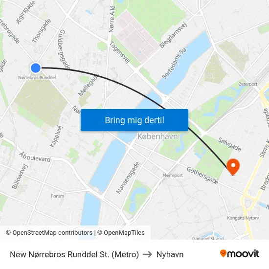 New Nørrebros Runddel St. (Metro) to Nyhavn map