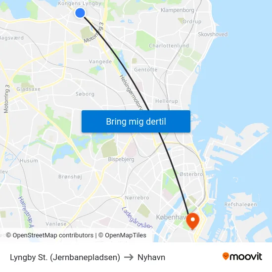 Lyngby St. (Jernbanepladsen) to Nyhavn map