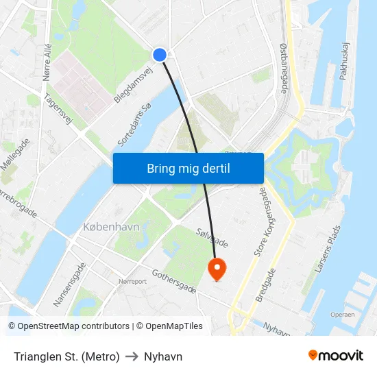 Trianglen St. (Metro) to Nyhavn map