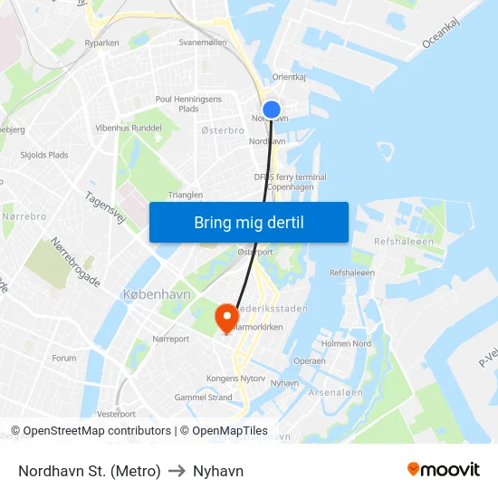 Nordhavn St. (Metro) to Nyhavn map