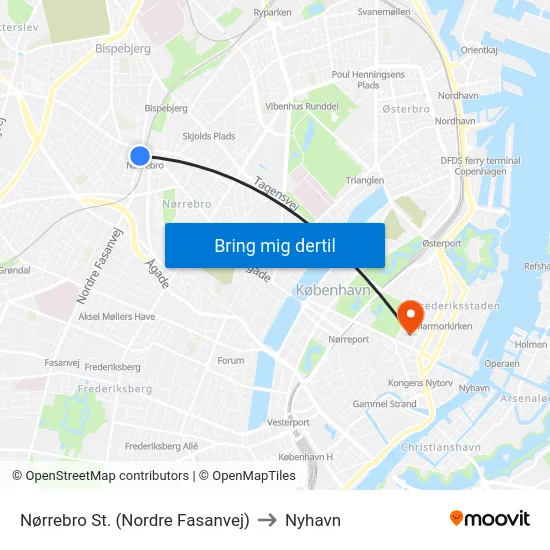 Nørrebro St. (Nordre Fasanvej) to Nyhavn map