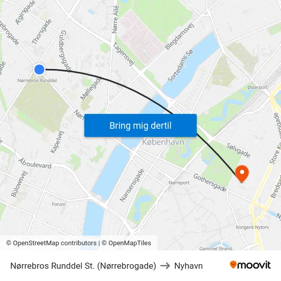 Nørrebros Runddel St. (Nørrebrogade) to Nyhavn map