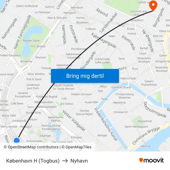 København H (Togbus) to Nyhavn map