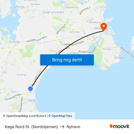 Køge Nord St. (Nordstjernen) to Nyhavn map