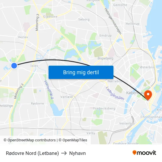 Rødovre Nord (Letbane) to Nyhavn map