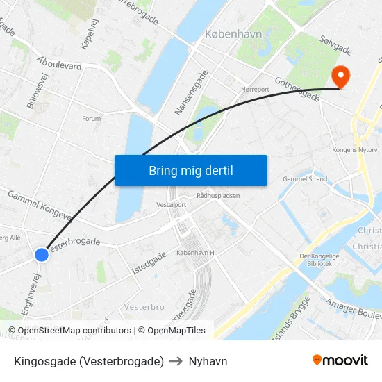 Kingosgade (Vesterbrogade) to Nyhavn map