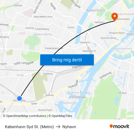 København Syd St. (Metro) to Nyhavn map