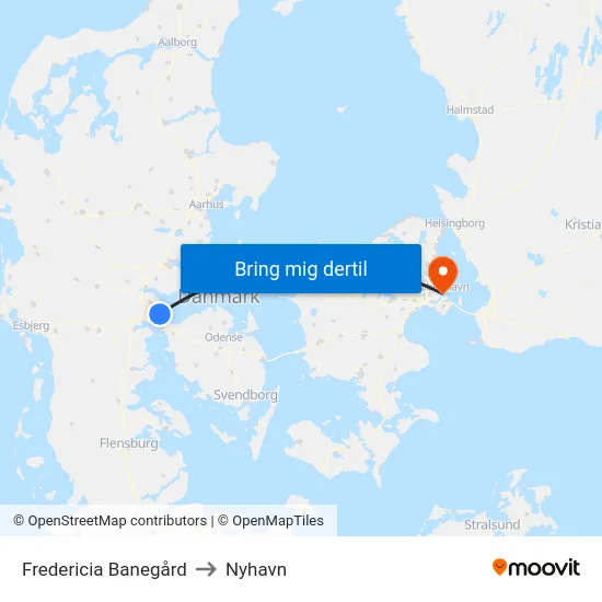 Fredericia Banegård to Nyhavn map