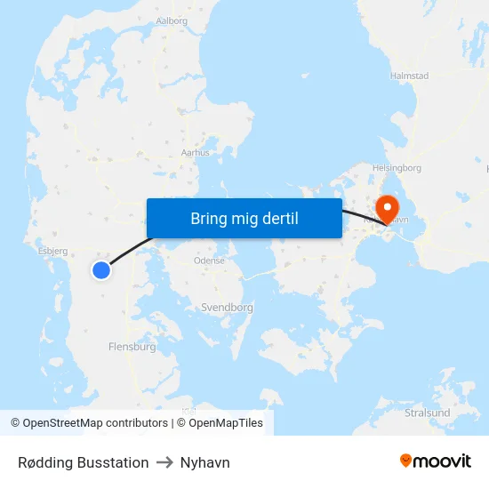 Rødding Busstation to Nyhavn map