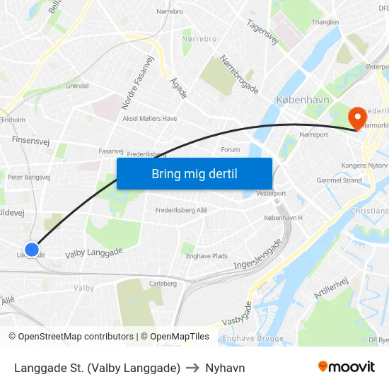 Langgade St. (Valby Langgade) to Nyhavn map
