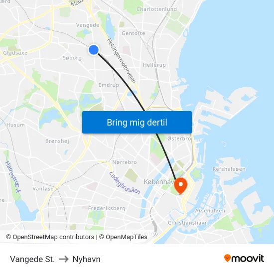 Vangede St. to Nyhavn map