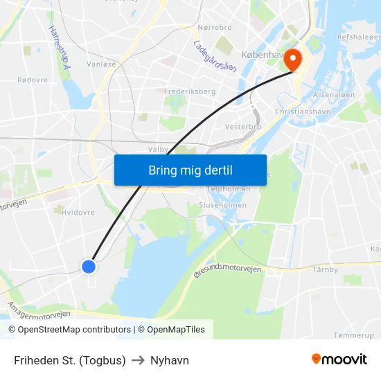 Friheden St. (Togbus) to Nyhavn map