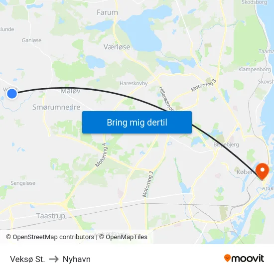 Veksø St. to Nyhavn map