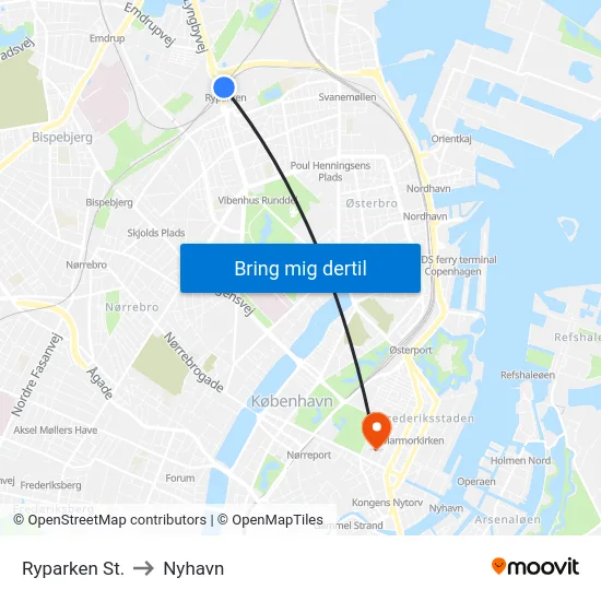 Ryparken St. to Nyhavn map