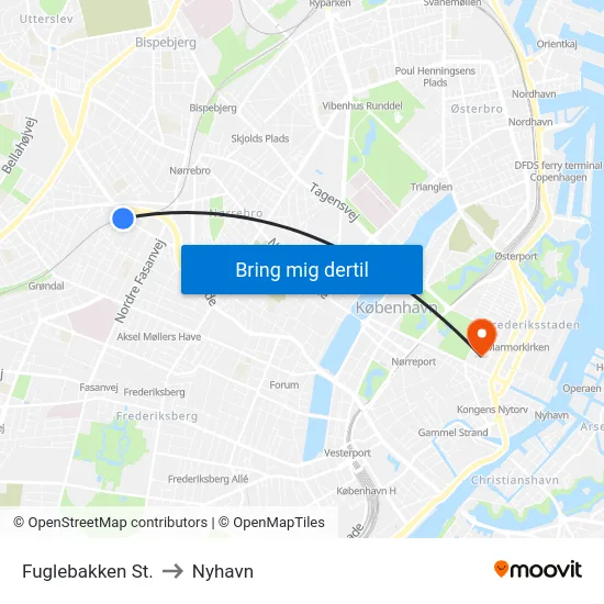 Fuglebakken St. to Nyhavn map