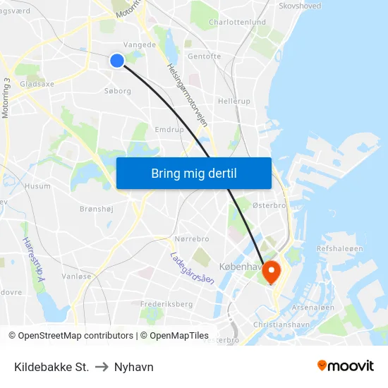 Kildebakke St. to Nyhavn map