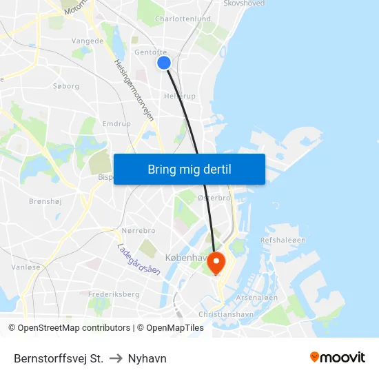 Bernstorffsvej St. to Nyhavn map