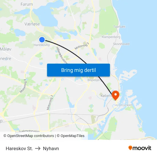 Hareskov St. to Nyhavn map