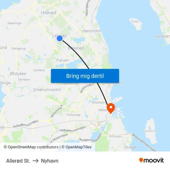 Allerød St. to Nyhavn map