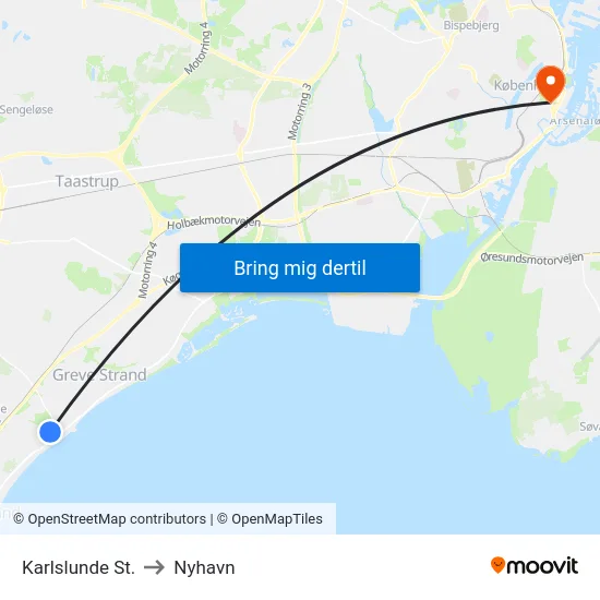 Karlslunde St. to Nyhavn map
