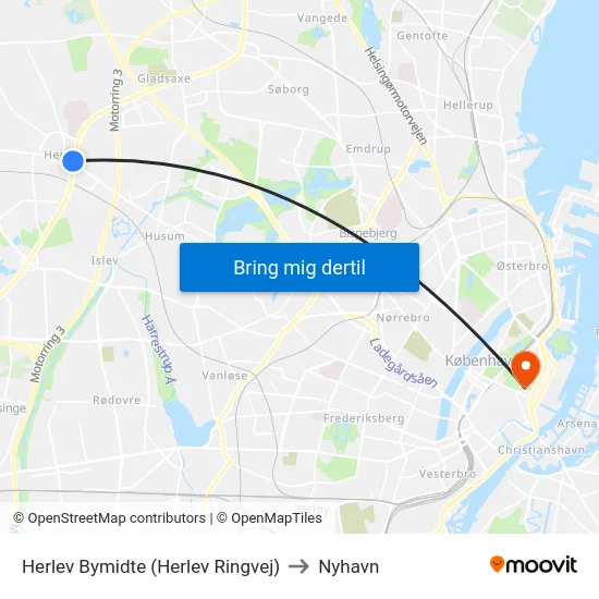 Herlev Bymidte (Herlev Ringvej) to Nyhavn map