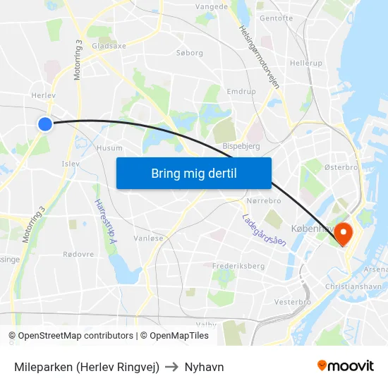Mileparken (Herlev Ringvej) to Nyhavn map