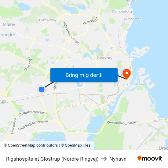 Rigshospitalet Glostrup (Nordre Ringvej) to Nyhavn map