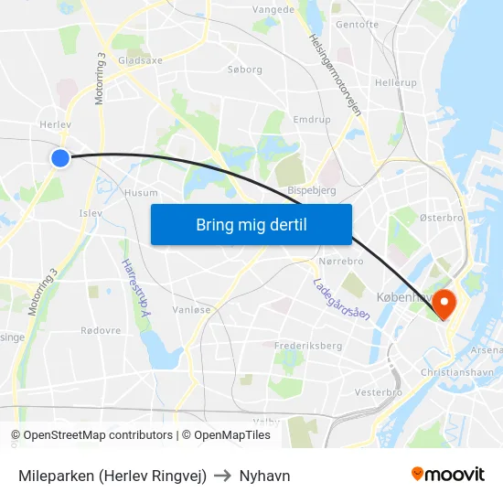 Mileparken (Herlev Ringvej) to Nyhavn map