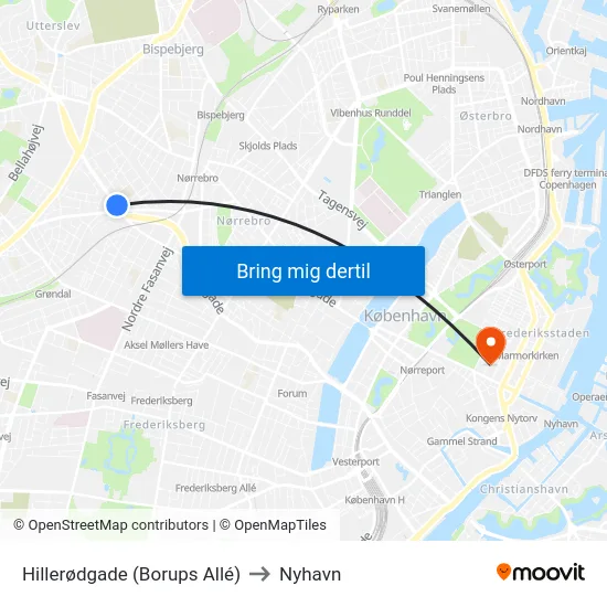 Hillerødgade (Borups Allé) to Nyhavn map
