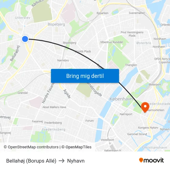 Bellahøj (Borups Allé) to Nyhavn map