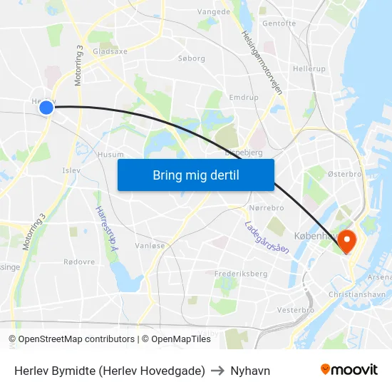 Herlev Bymidte (Herlev Hovedgade) to Nyhavn map
